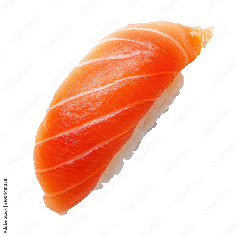 Delicious sushi with fresh salmon on rice, isolated white background, transparent background. Delicious sushi with fresh salmon on rice, isolated white background, transparent background.