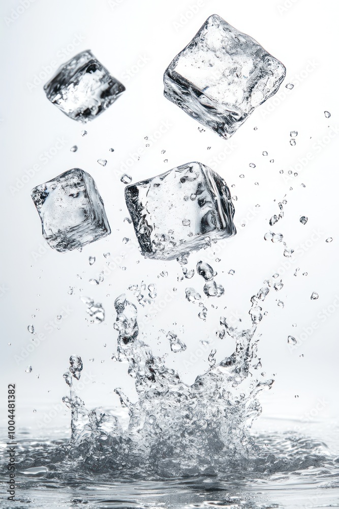 ice cube falling into water isolated on white background in portrait image proportion ice cube falling into water isolated on white background in portrait image proportion