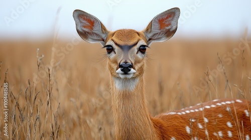 A graceful deer standing in tall grass during a cloudy day in a natural habitat, showcasing its striking features and gentle demeanor