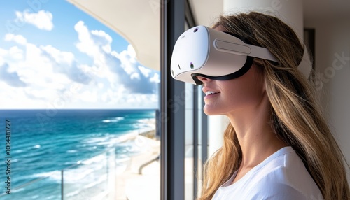 A homebuyer navigates a VR model of a beachfront property, hearing the virtual sounds of waves and exploring the view from every window before making a decision. photo