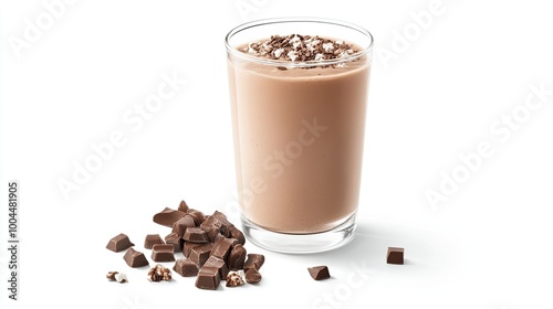 Healthy protein shake illustration, shown in a clear glass, made from whey protein and rich in calcium, perfect for breakfast, isolated on a crisp white background.