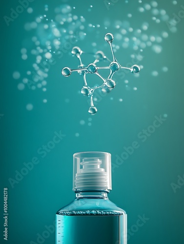 A bright hydration molecule hovering above a hydrating spray bottle, with clear space below for promotional text on moisture replenishment. photo