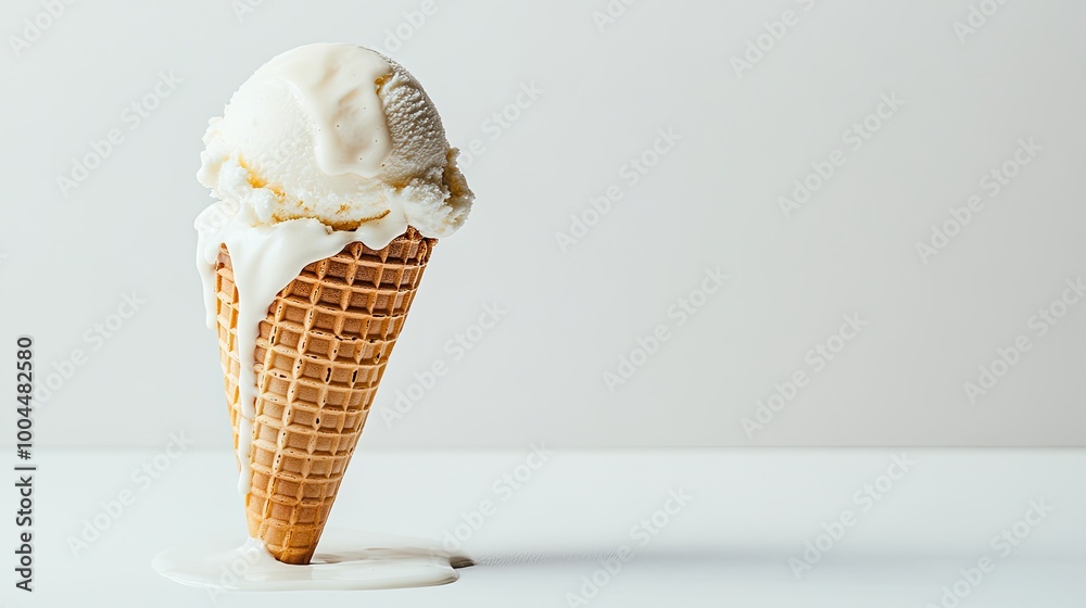 Ice cream cone with melting scoop, dripping onto a clean white background, capturing the irresistible freshness of a cool treat. Ice cream cone with melting scoop, dripping onto a clean white background, capturing the irresistible freshness of a cool treat.