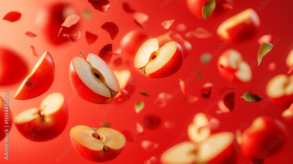 sliced apple pieces falling from top, for fruit advertising concept sliced apple pieces falling from top, for fruit advertising concept