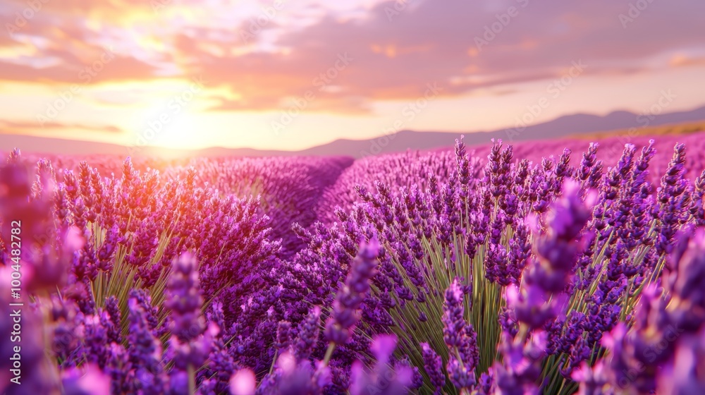 Obraz premium A peaceful countryside scene with lavender fields undulating in the breeze under a golden sunset.