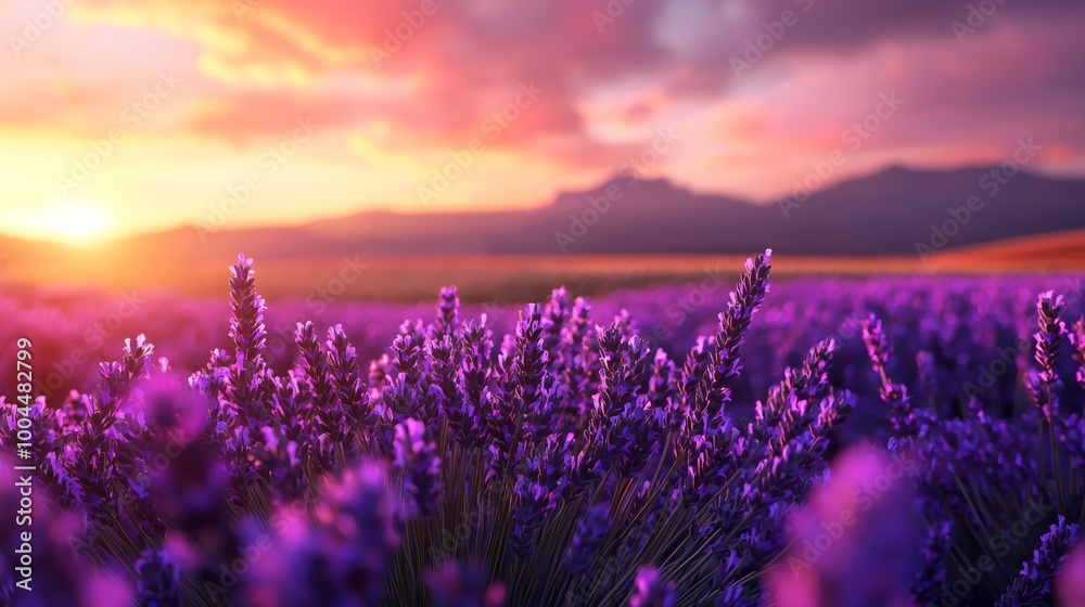 Obraz premium A peaceful countryside scene with lavender fields undulating in the breeze under a golden sunset.