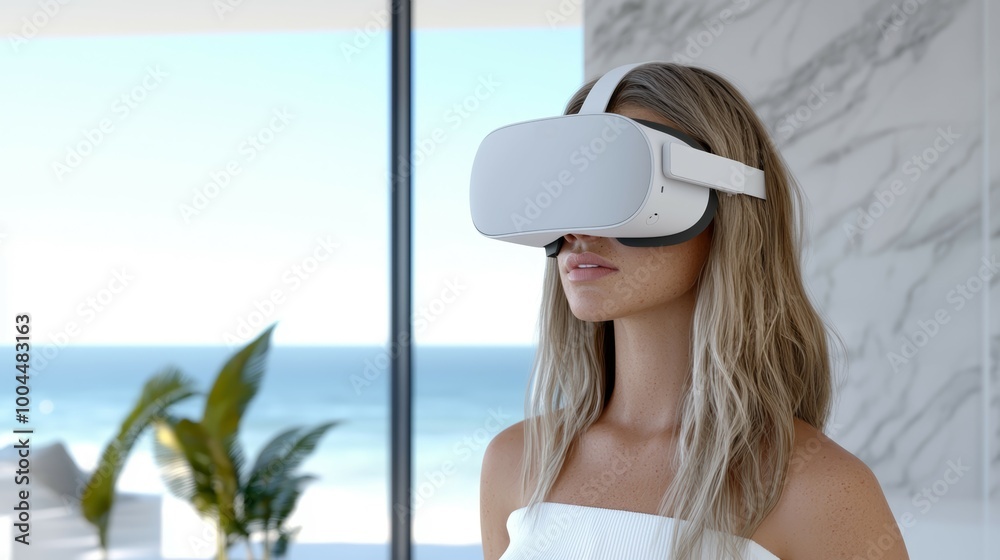 Photo & Art Print A potential homeowner uses a VR headset to 