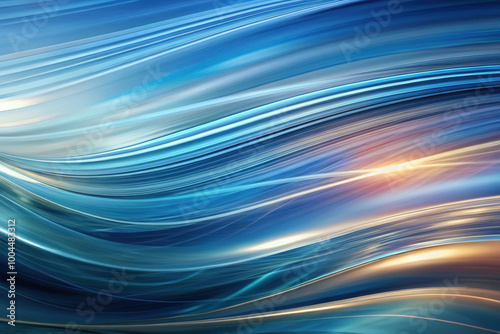 Fluid waves of blue and gold swirl in harmony, evoking a serene underwater world at dawn in a tranquil setting. Generative AI photo