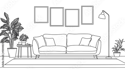 vector drawing of black lines room with sofa and paintings on white background .Generative AI