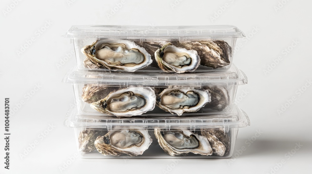 Packaged oysters in eco-friendly containers, set against a minimalist white background, emphasizing sustainability and product quality. Packaged oysters in eco-friendly containers, set against a minimalist white background, emphasizing sustainability and product quality.