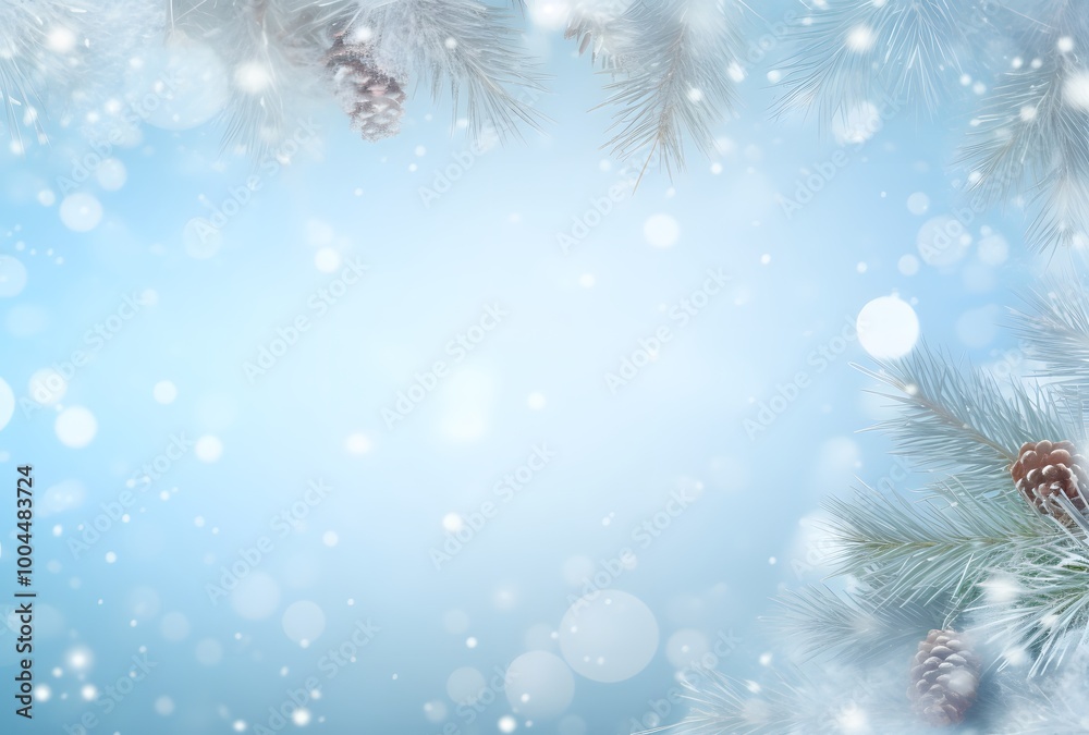Snowy Pine Branches Winter Background with Bokeh