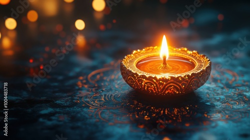 Elegant Diwali background with intricate patterns and a glowing diya, leaving room for text.