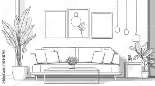 vector drawing of black lines room with sofa and paintings on white background .Generative AI