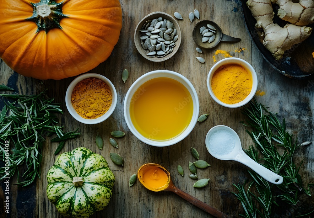 Autumnal Pumpkin Spice Ingredients on Wooden Table Autumnal Pumpkin Spice Ingredients on Wooden Table