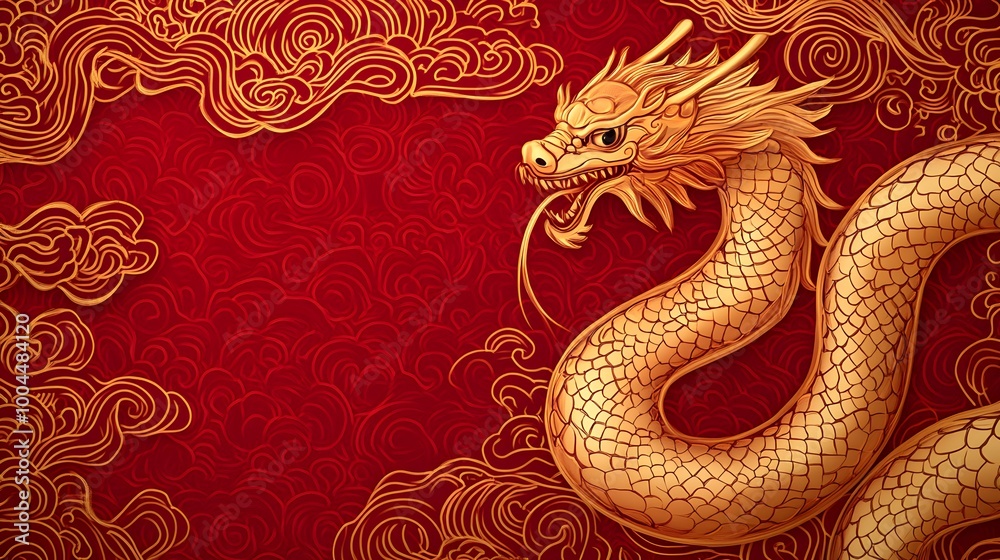 Fototapeta premium A gold snake is on a red background. The snake is curled up and he is resting