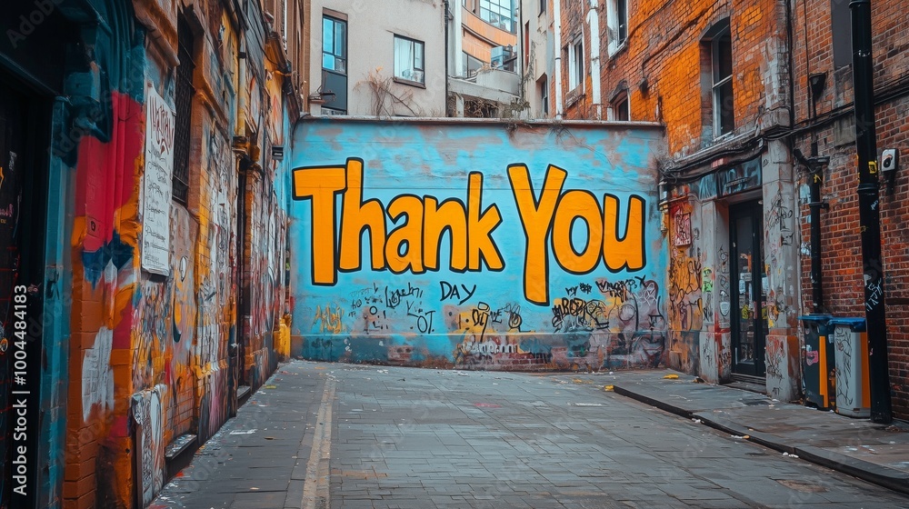Fototapeta premium The vibrant Thank You mural brings warmth to a city alley filled with colorful street art