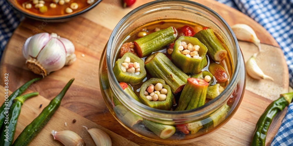Pickled vegetables in a jar with vibrant colors and spices. Pickled vegetables in a jar with vibrant colors and spices.