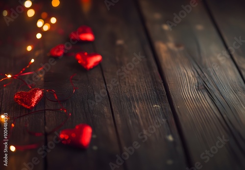 Romantic Red Hearts on Wooden Table