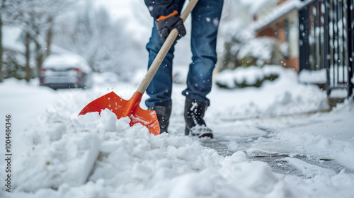 Close up Person shoveling deep snow from the driveway or sidewalk during a winter day, depicting cold weather maintenance work and chores photo