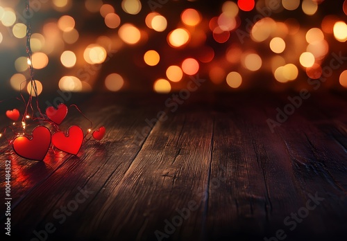 Romantic Wooden Table With Red Heart Garland Lights