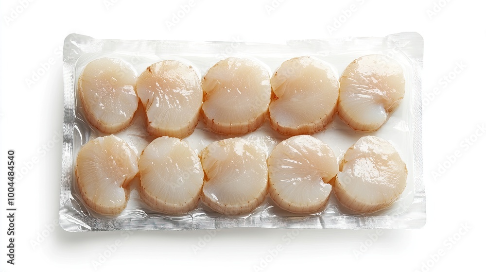 Sealed package of scallops, presented on a clean white background, showcasing the seafood high-quality and freshness for gourmet meals. Sealed package of scallops, presented on a clean white background, showcasing the seafood high-quality and freshness for gourmet meals.