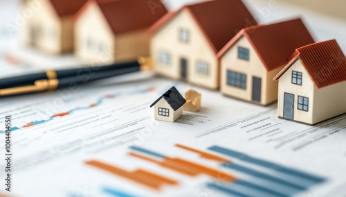 A close-up of a real estate market graph with houses and a pen, symbolizing sadness or self-reflection A rubber band is on top, next to a miniature house model placed over documents Generative AI