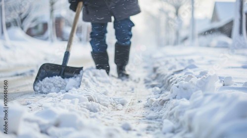 Close up Person shoveling deep snow from the driveway or sidewalk during a winter day, depicting cold weather maintenance work and chores