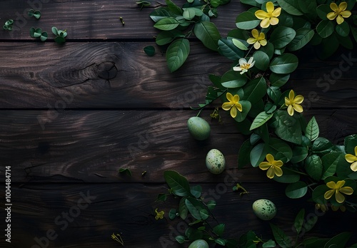 Easter Eggs & Wreath on Wooden Background
