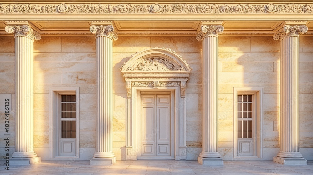 Obraz premium The building has a classical look with white pillars and a large archway