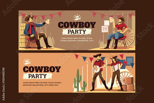 Modern Set of Cowboy Party Horizontal Banner