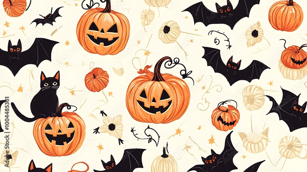 A fun Halloween pattern with pumpkins wearing tiny scarves, cats playing with balls of yarn, and bats with glittering wings in pastel orange on a cream background A fun Halloween pattern with pumpkins wearing tiny scarves, cats playing with balls of yarn, and bats with glittering wings in pastel orange on a cream background