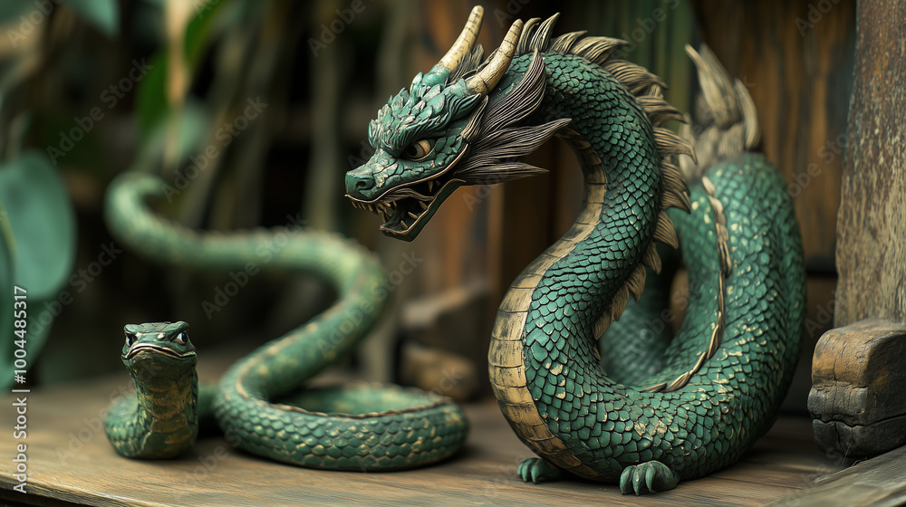 A wooden sculpture of a green, scale-covered dragon with horns, resembling a snake, placed on a wooden surface. Next to the dragon is a snake looking forward A wooden sculpture of a green, scale-covered dragon with horns, resembling a snake, placed on a wooden surface. Next to the dragon is a snake looking forward