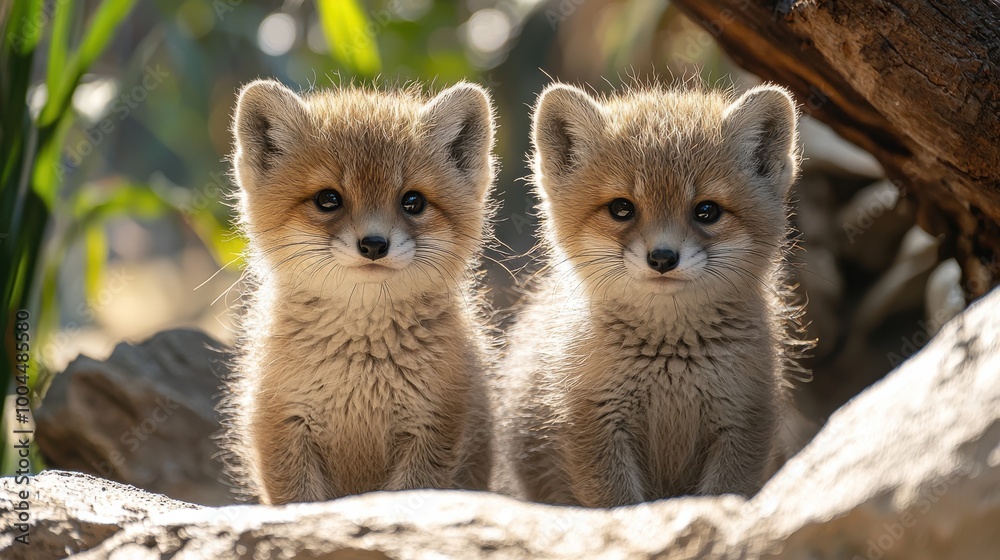 Two adorable fennec fox kits playfully explore their natural habitat in a sunlit environment during the morning hours Two adorable fennec fox kits playfully explore their natural habitat in a sunlit environment during the morning hours