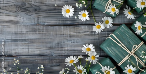 Rustic Wooden Background with Daisies and Gifts