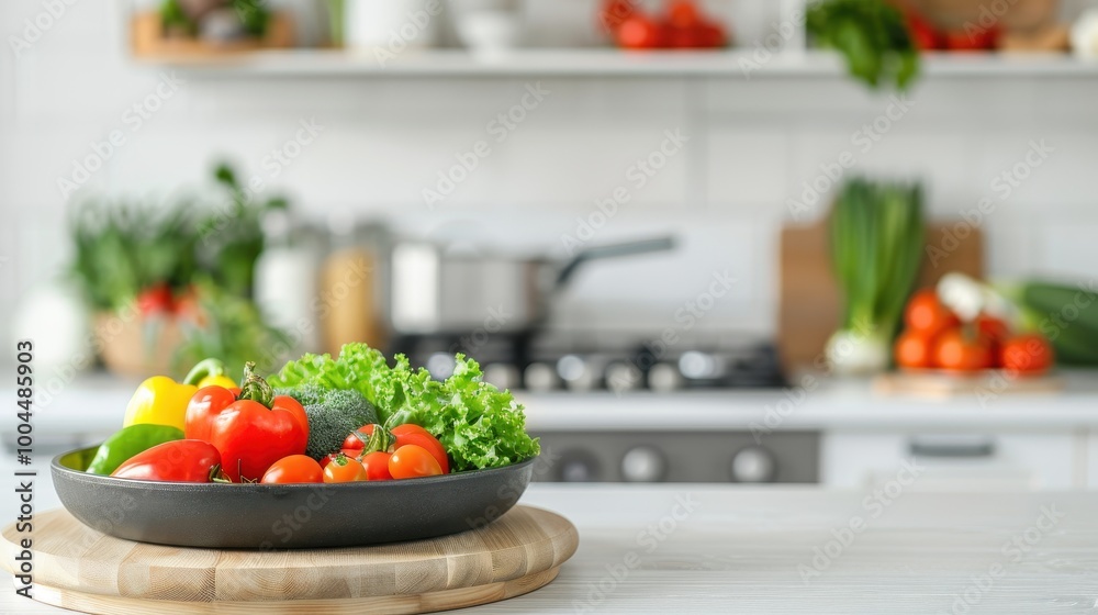 A bowl of fresh vegetables, including peppers, tomatoes, and lettuce, placed on a kitchen counter, ready for healthy meal preparation. A bowl of fresh vegetables, including peppers, tomatoes, and lettuce, placed on a kitchen counter, ready for healthy meal preparation.