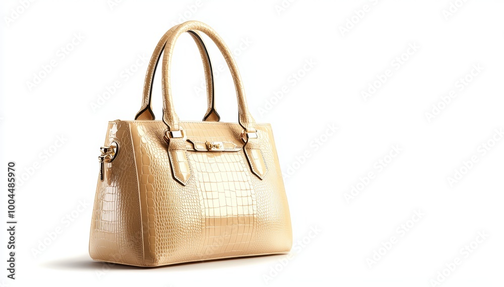 An opulent handbag showcasing a crocodile-embossed leather exterior, shimmering with gold highlights and cream undertones, perfect for high-end occasions. An opulent handbag showcasing a crocodile-embossed leather exterior, shimmering with gold highlights and cream undertones, perfect for high-end occasions.