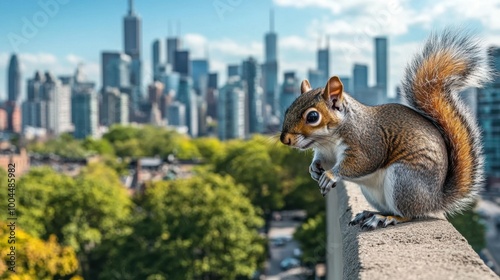 Squirrel navigating a narrow ledge, with the vibrant city skyline in the background, highlighting wildlife in urban environments. photo