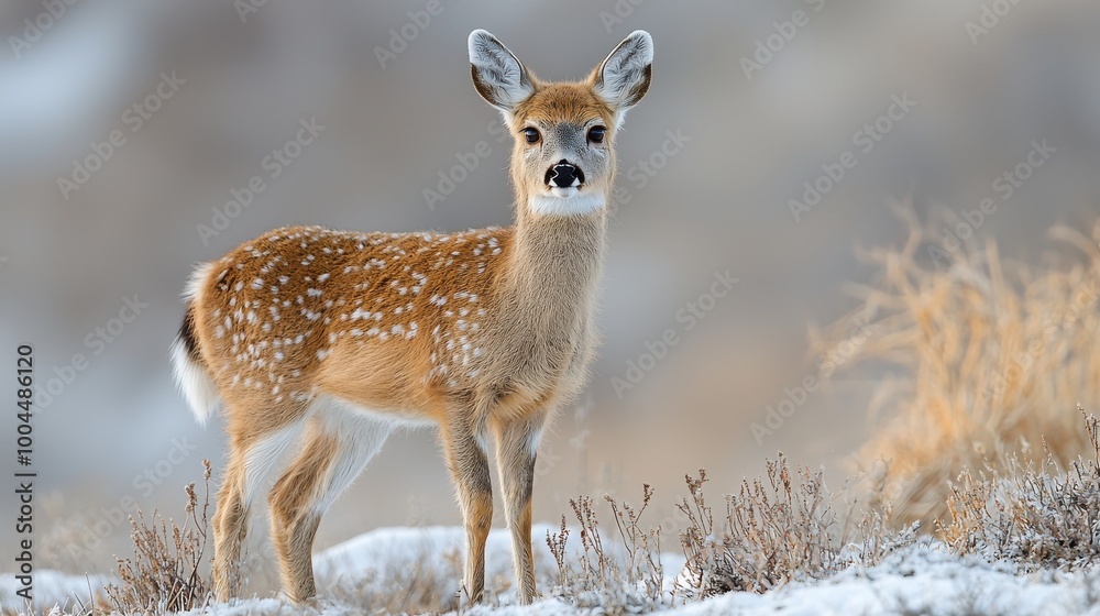 A young deer stands alert in a snowy landscape as winter light casts a soft glow at dusk A young deer stands alert in a snowy landscape as winter light casts a soft glow at dusk