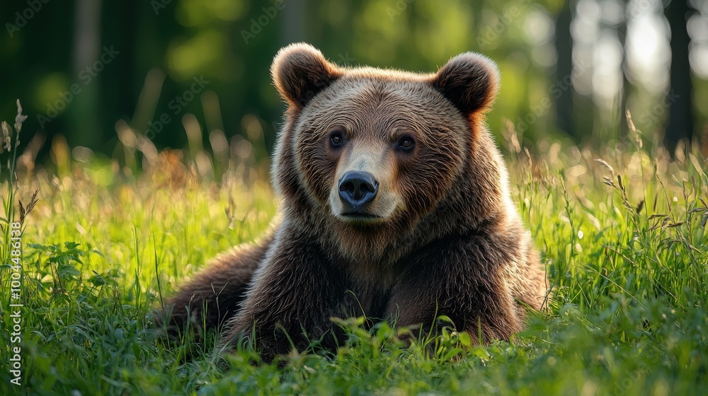 Fototapeta premium A wild brown bear resting in a lush green meadow during golden hour in a serene forest setting