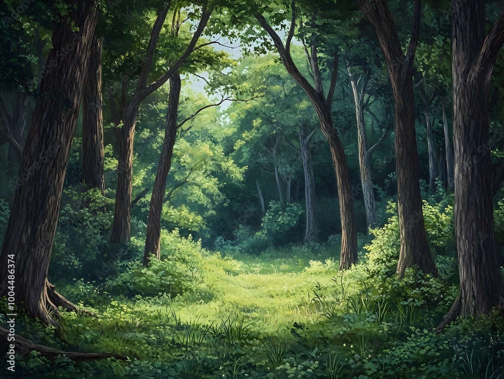 Obraz premium Serene forest glade with a peaceful pastoral setting dense verdant undergrowth and towering trees soft natural lighting illuminating the picturesque rustic landscape oil painting style