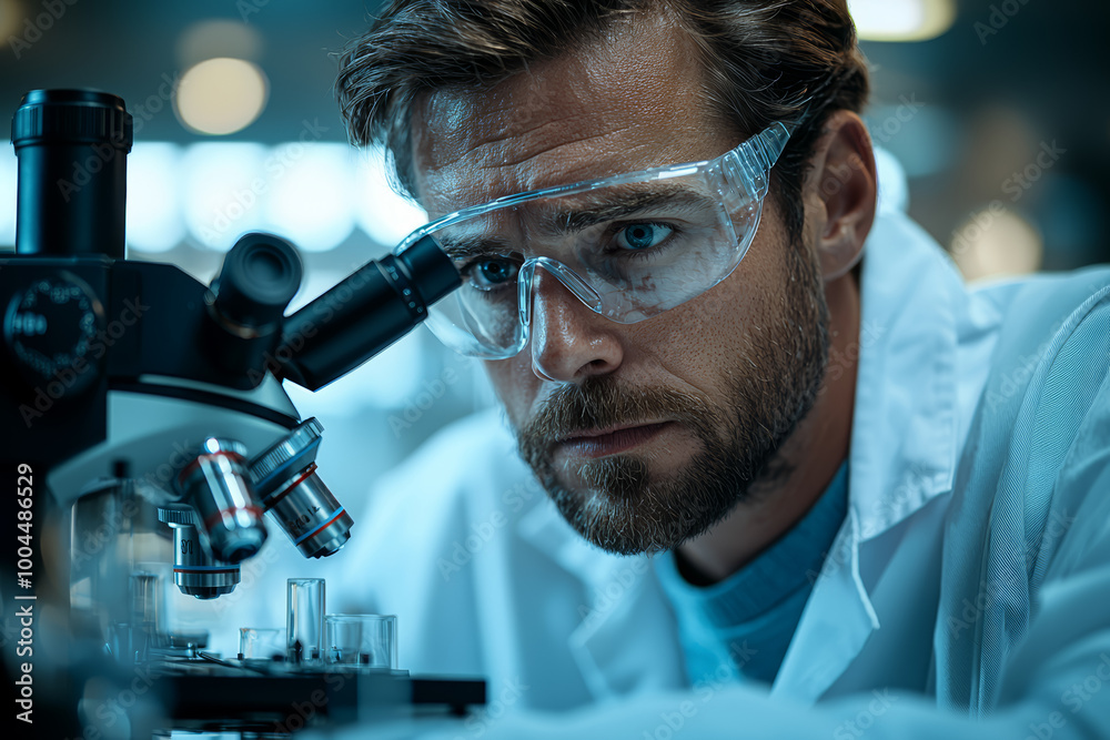 A laboratory technician looking through a microscope, searching for a cure to a disease. Concept of medical research and innovation. A laboratory technician looking through a microscope, searching for a cure to a disease. Concept of medical research and innovation.