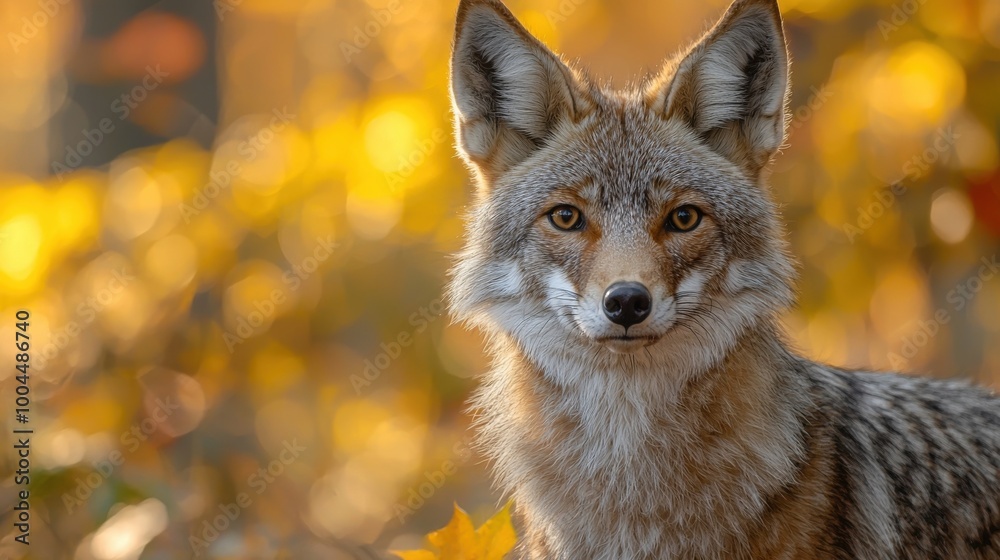 Fototapeta premium A coyote stands majestically amidst vibrant autumn foliage, capturing the beauty of nature in a serene landscape