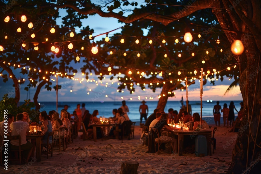 Fototapeta premium A large group of people are gathered around tables on a beach, generative ai image
