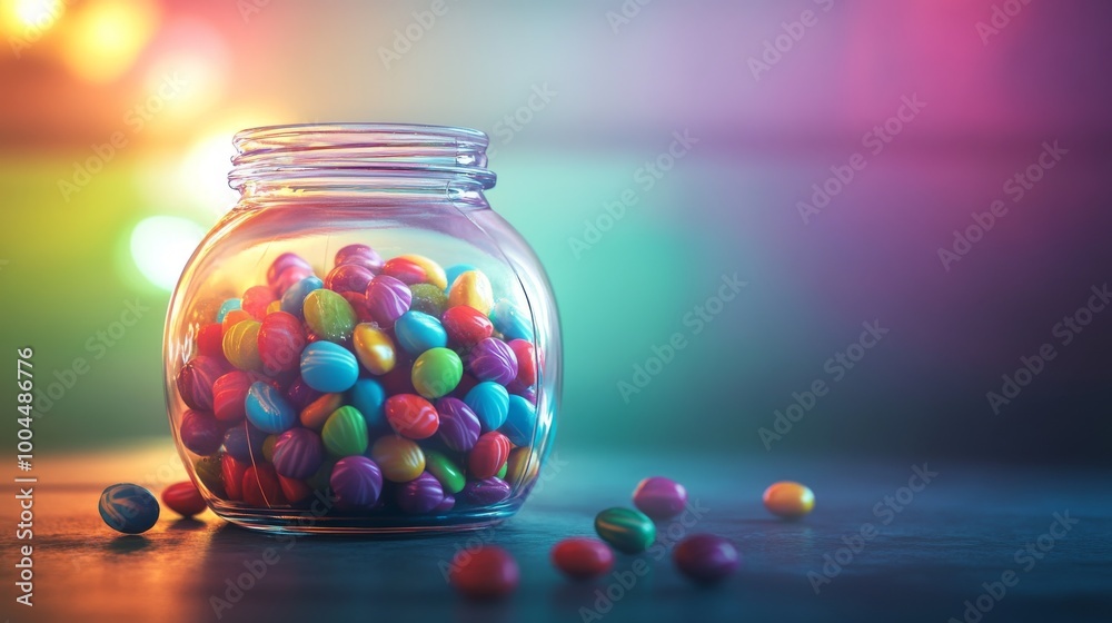 A glass jar filled with colorful candies. A glass jar filled with colorful candies.