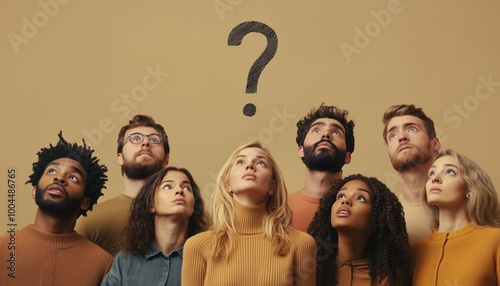 Diverse Group Of Thoughtful Individuals Gazing Upward With Question Marks, Representing A Multicultural Array Of Thinkers In Contemplation.