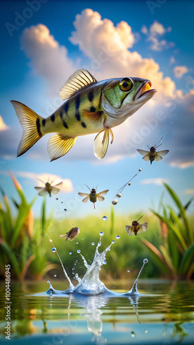 Archer fish, Blowpipe fish, jumps to eat the dragonflies that lay their eggs. photo