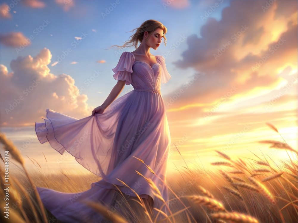 A serene scene of a woman in a flowing lavender dress walking through a golden field at sunset. Perfect for romantic, fashion, or nature-inspired themes. A serene scene of a woman in a flowing lavender dress walking through a golden field at sunset. Perfect for romantic, fashion, or nature-inspired themes.