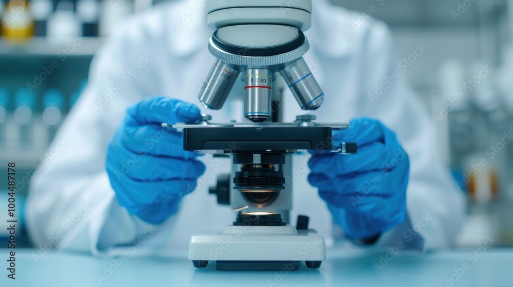 Close-up of a scientist's hands in blue gloves carefully adjusting a microscope for examination in a modern laboratory setting. Close-up of a scientist's hands in blue gloves carefully adjusting a microscope for examination in a modern laboratory setting.