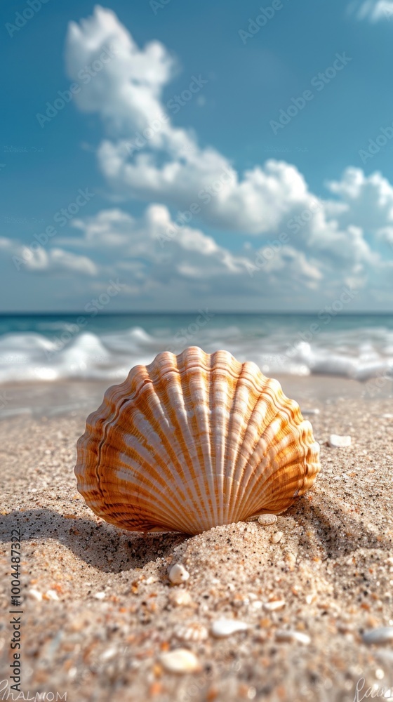 Detailed close-up of a seashell on sandy beach. Ocean-themed decor or nature studies. Detailed close-up of a seashell on sandy beach. Ocean-themed decor or nature studies.
