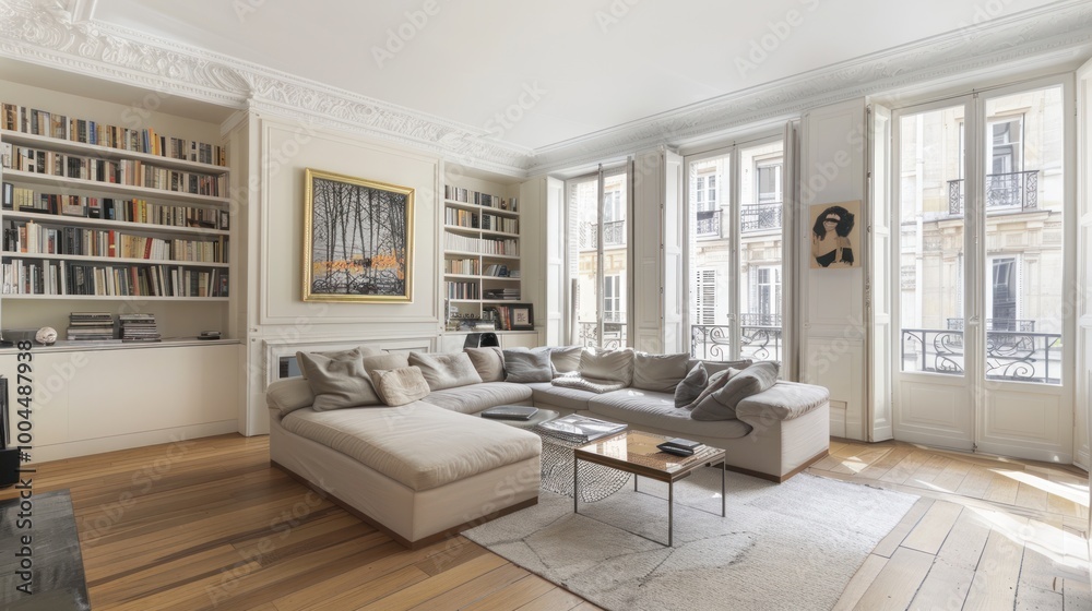 Fototapeta premium Elegant Living Room with White Walls and Large Windows